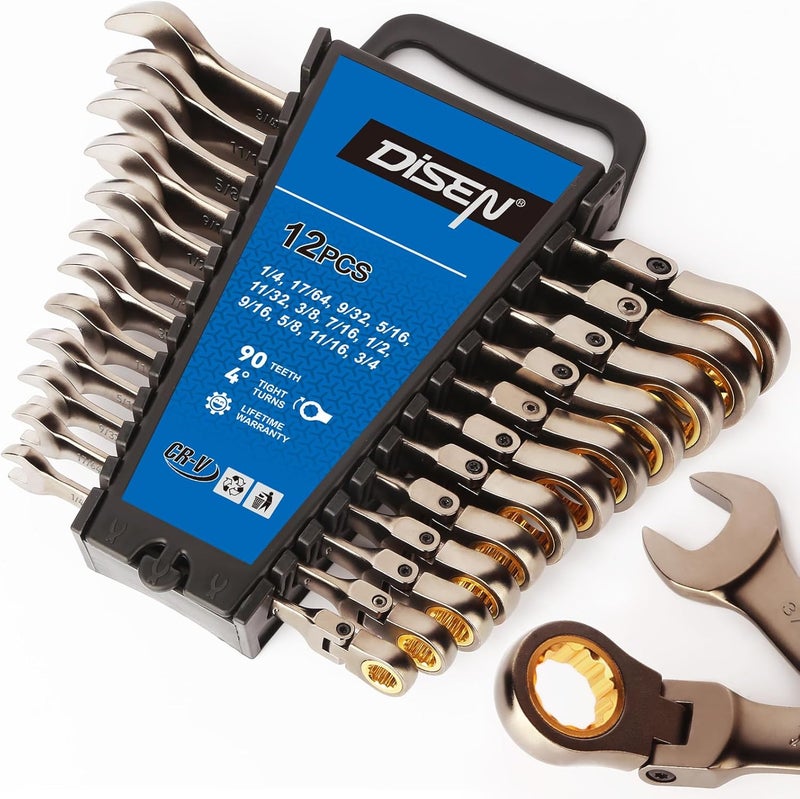 DISEN 12 Pcs Flex Head Ratcheting Wrench Set 90 Teeth, Combination Ratchet Wrenches Set SAE1/4 to 3/4", Cr-V Steel, 12-Point, Nickel Plating with Organizer Rack Visit the Store - Image 1